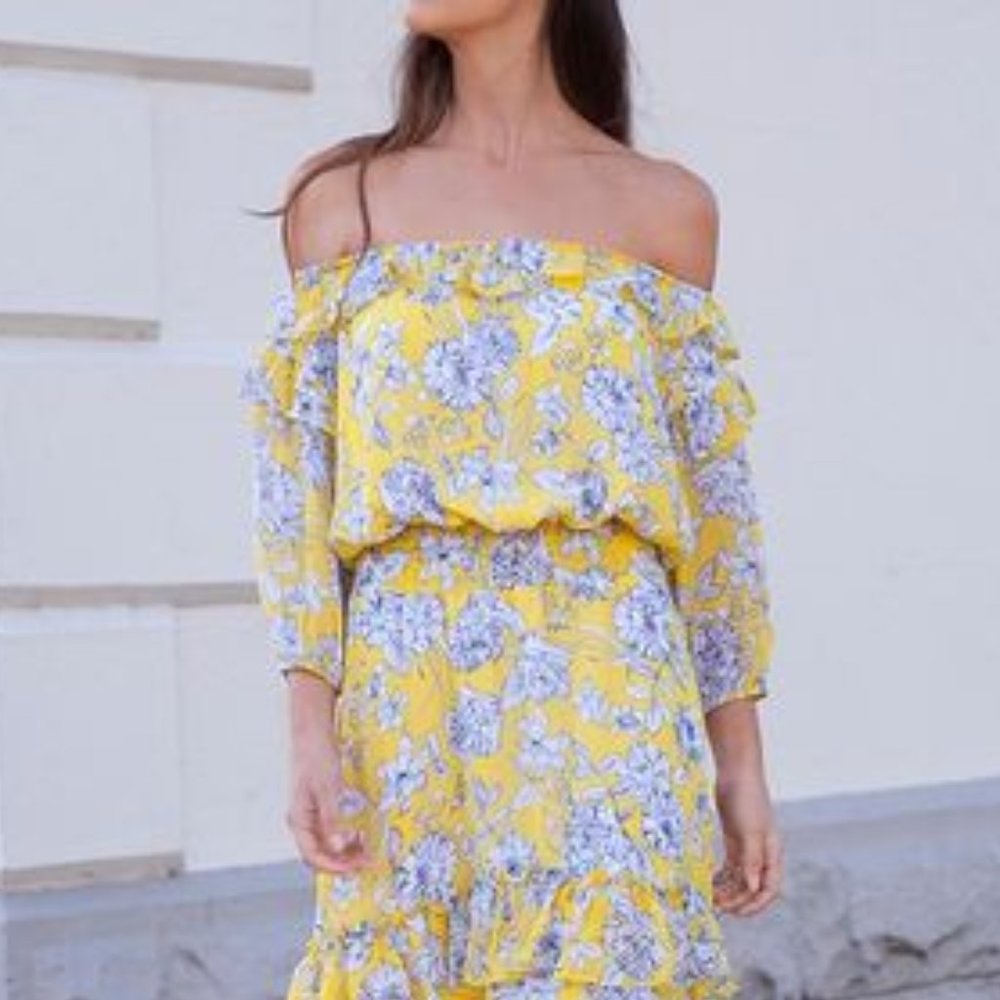 SEED Tie Sleeve Daffodil Yellow Floral Cold Shoulder Mini Dress - Picture 8 of 13